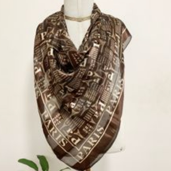 paris france brown tan large silky scarf wrap eiffel tower - Picture 3 of 3